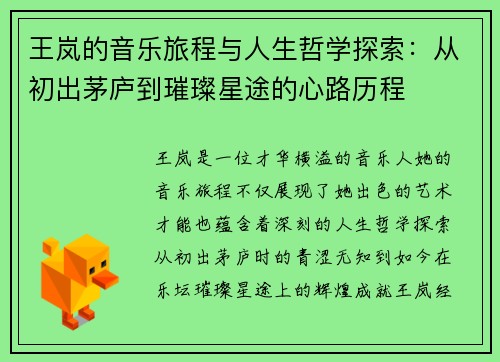 王岚的音乐旅程与人生哲学探索：从初出茅庐到璀璨星途的心路历程